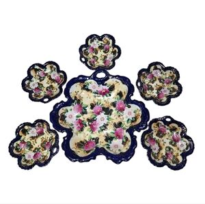 Antique Nippon/Japan 6pc Floral Bowls 6-Petal Shape Hand Painted Dish Decoration